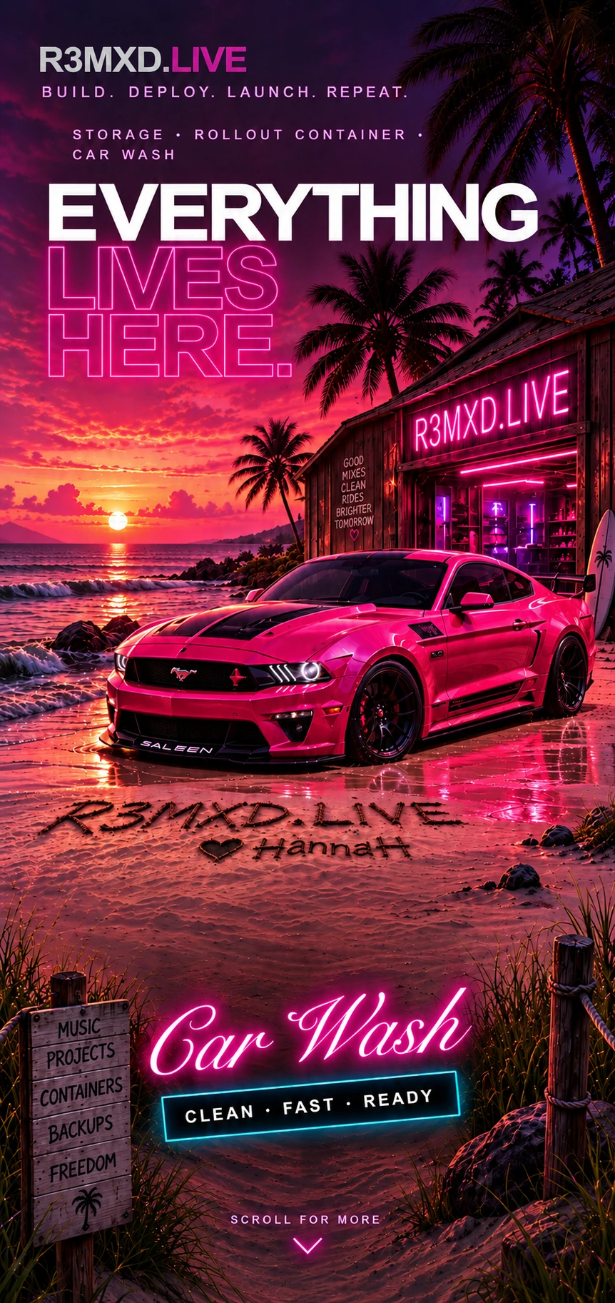 R3MXD.LIVE neon beach garage at sunset, candy pink Mustang, and a black heart with HannaH written in the sand.